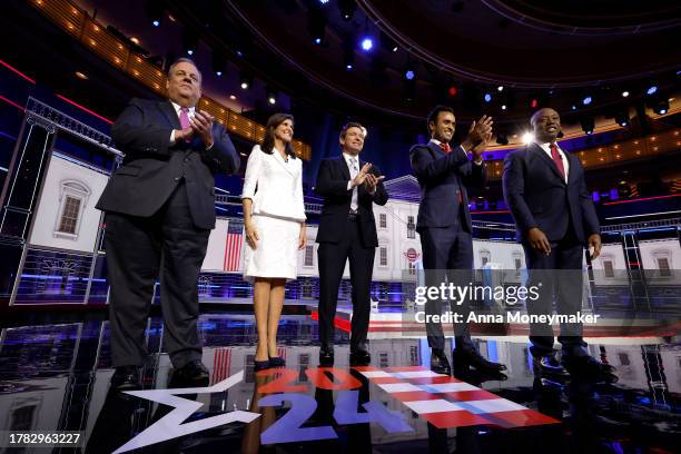 Republican presidential candidates , former New Jersey Gov. Chris Christie, former U.N. Ambassador Nikki Haley, Florida Gov. Ron DeSantis, Vivek...