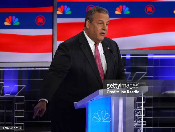 Republican presidential candidate former New Jersey Gov. Chris Christie speaks during the NBC News Republican Presidential Primary Debate at the...