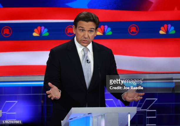 Republican presidential candidate Florida Gov. Ron DeSantis speaks during the NBC News Republican Presidential Primary Debate at the Adrienne Arsht...