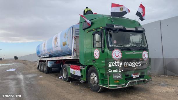 An Egyptian fuel truck waits on the Egyptian side of the Rafah border crossing with the southern Gaza Strip, in the northeastern Sinai province on...