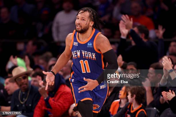 Jalen Brunson of the New York Knicks celebrates after making a three point basket against the San Antonio Spurs during the second quarter in the game...