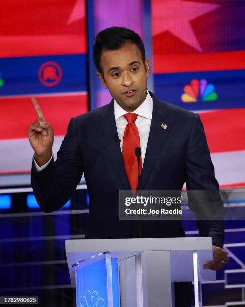 Republican presidential candidate Vivek Ramaswamy speaks during the NBC News Republican Presidential Primary Debate at the Adrienne Arsht Center for...