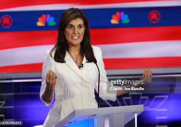 Republican presidential candidate former U.N. Ambassador Nikki Haley speaks during the NBC News Republican Presidential Primary Debate at the...