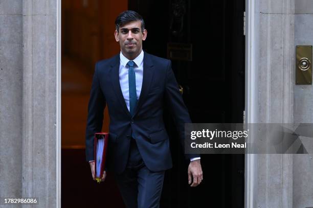 British Prime Minister Rishi Sunak leaves Downing Street to attend PMQs after cabinet re-shuffle on November 15, 2023 in London, England.
