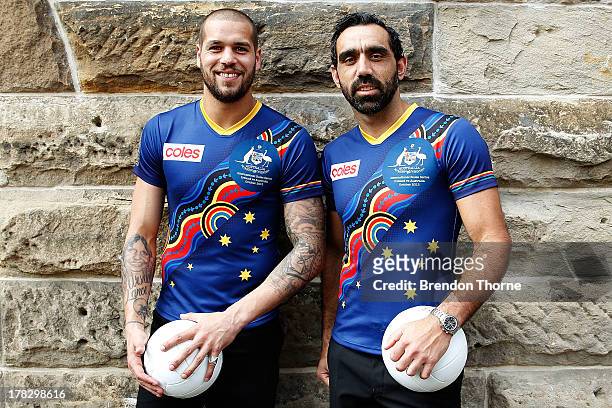 Lance Franklin and Adam Goodes pose in the Indigenous Australian Rules team guernsey following the AFL Indigenous Australian Rules Squad announcement...