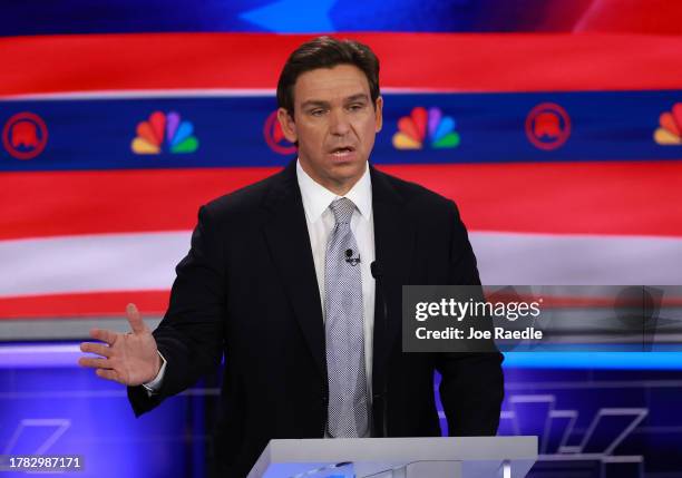 Republican presidential candidate Florida Gov. Ron DeSantis speaks during the NBC News Republican Presidential Primary Debate at the Adrienne Arsht...