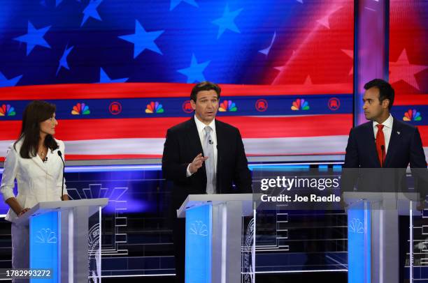 Republican presidential candidates former U.N. Ambassador Nikki Haley, Florida Gov. Ron DeSantis and Vivek Ramaswamy participate in the NBC News...