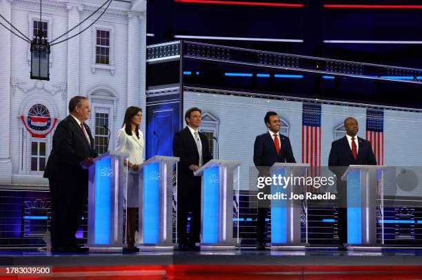 Republican presidential candidates former New Jersey Gov. Chris Christie, former U.N. Ambassador Nikki Haley, Florida Gov. Ron DeSantis, Vivek...