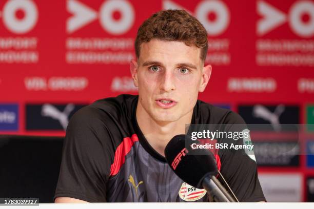 Guus Til of PSV during the press conference during the Dutch Eredivisie match between PSV and AFC Ajax at Philips Stadion on October 29, 2023 in...