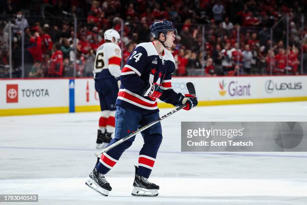 Connor McMichael of the Washington Capitals celebrates after scoring a goal against the Florida Panthers during the second period of the game at...