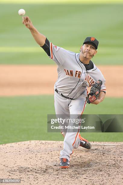 Guillermo Moscoso of the San Francisco Giants during the game against the Washington Nationals on August 15, 2013 at Nationals Park in Washington,...