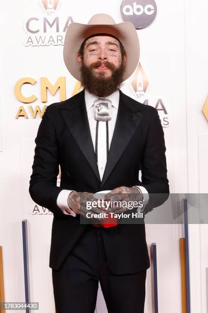 Post Malone attends the 2023 CMA Awards at Bridgestone Arena on November 08, 2023 in Nashville, Tennessee.