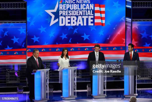 Republican presidential candidates former New Jersey Gov. Chris Christie, former U.N. Ambassador Nikki Haley, Florida Gov. Ron DeSantis and Vivek...