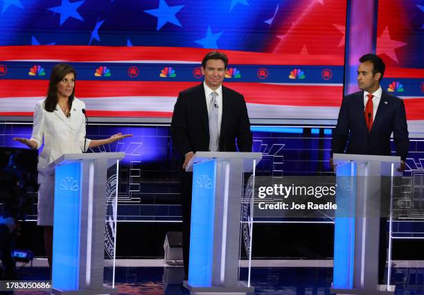 Republican presidential candidates former U.N. Ambassador Nikki Haley, Florida Gov. Ron DeSantis and Vivek Ramaswamy participate in the NBC News...