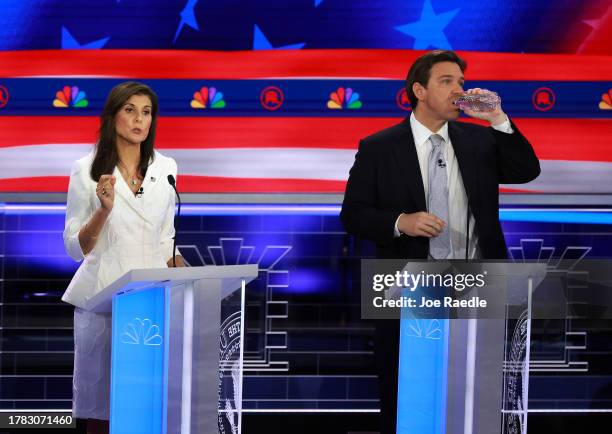 Republican presidential candidate former U.N. Ambassador Nikki Haley speaks alongside Florida Gov. Ron DeSantis during the NBC News Republican...