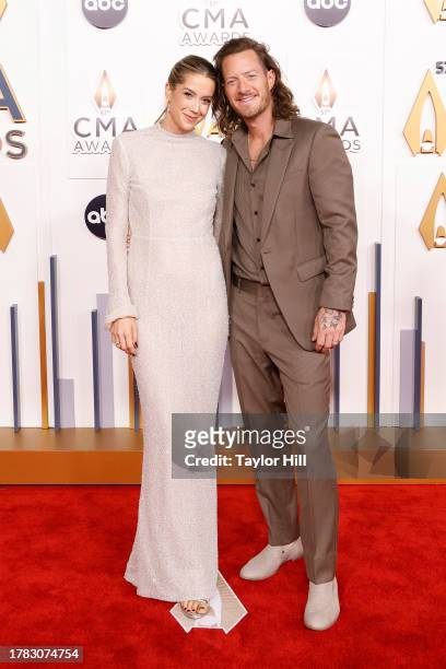 Hayley Stommel and Tyler Hubbard attend the 2023 CMA Awards at Bridgestone Arena on November 08, 2023 in Nashville, Tennessee.