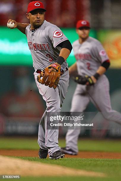 Cesar Izturis of the Cincinnati Reds throws to first base for an out against the Cincinnati Reds in the eighth inning at Busch Stadium on August 28,...