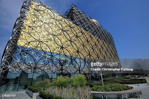 An exterior view of the new Library of Birmingham and it's outdoor roof terrace garden at Centenary Square on August 27, 2013 in Birmingham, England....