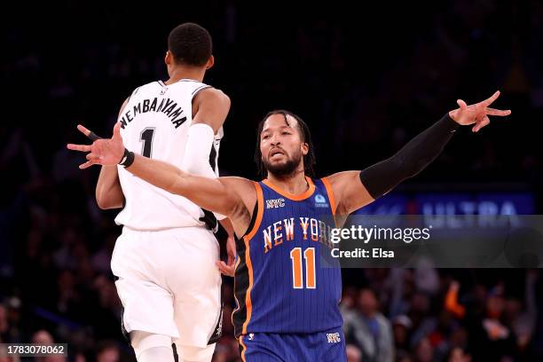 Jalen Brunson of the New York Knicks celebrates his three point basket against Victor Wembanyama of the San Antonio Spurs during the fourth quarter...