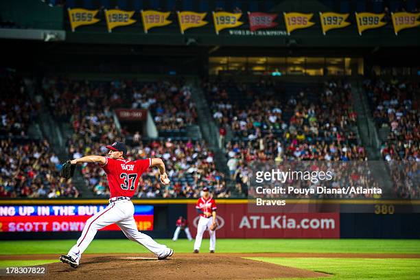Brandon Beachy of the Atlanta Braves pitches against the Miami Marlins at Turner Field on August 9, 2013 in Atlanta, Georgia. The Braves won 5-0.