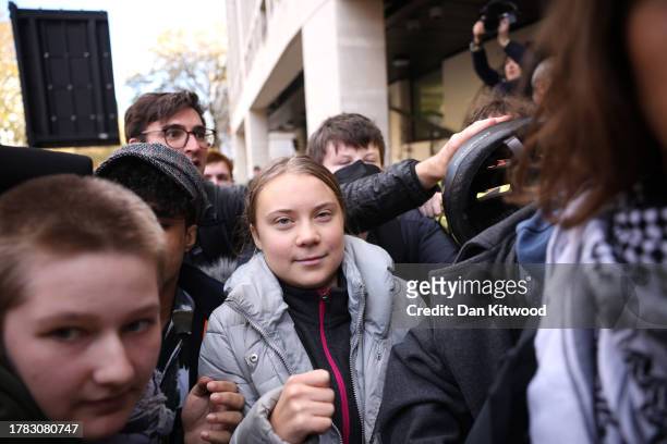 Swedish environmental activist Greta Thunberg leaves Westminster Magistrates Court after pleading not guilty to a public order offence on November...