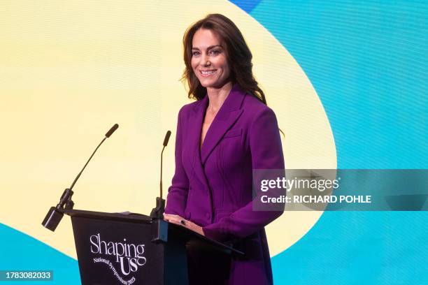 Britain's Catherine, Princess of Wales delivers a key note speech during the "Shaping Us" National Symposium at The Design Museum, in London, on...