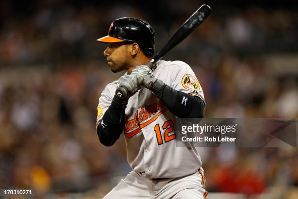Alexi Casilla of the Baltimore Orioles bats during the game against the San Diego Padres at Petco Park on August 6, 2013 in San Diego, California....