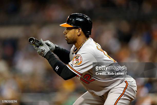 Alexi Casilla of the Baltimore Orioles bats during the game against the San Diego Padres at Petco Park on August 6, 2013 in San Diego, California....