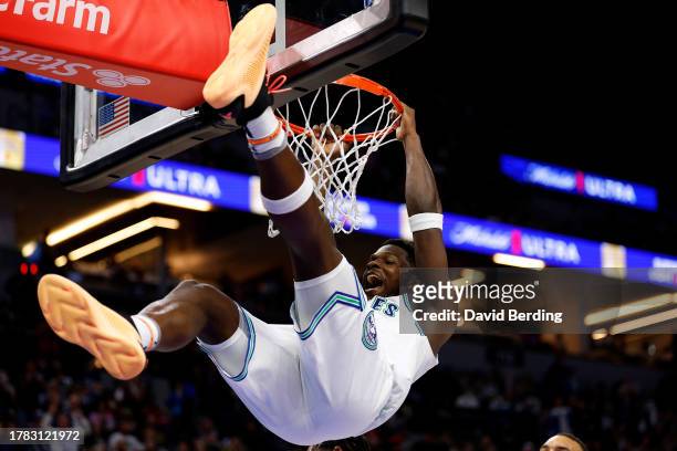 Anthony Edwards of the Minnesota Timberwolves dunks the ball against the New Orleans Pelicans in the fourth quarter at Target Center on November 08,...