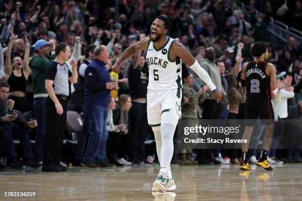 Malik Beasley of the Milwaukee Bucks celebrates after the Bucks defeated the Detroit Pistons at Fiserv Forum on November 08, 2023 in Milwaukee,...