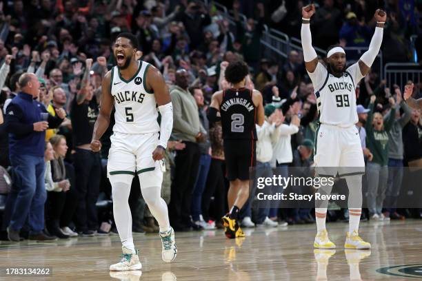 Malik Beasley of the Milwaukee Bucks celebrates after the Bucks defeated the Detroit Pistons at Fiserv Forum on November 08, 2023 in Milwaukee,...