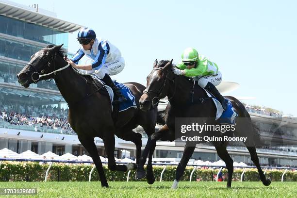 Billy Egan riding Foxy Frida wins the Inglis Bracelet during Oaks Day at Flemington Racecourse on November 09, 2023 in Melbourne, Australia.