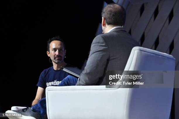 Lisbon , Portugal - 15 November 2023; Sebastien Borget, Co-founder & COO, The Sandbox and João Tomé, Senior Data Editor & Storyteller, Cloudflare, on...