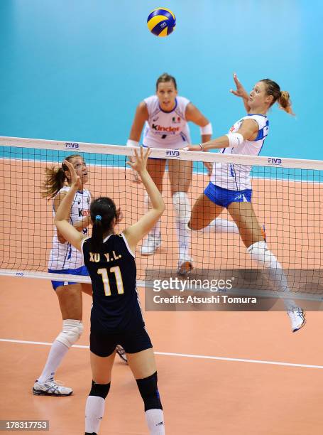 Valentina Arrighetti of Italy spikes the ball during day two of the FIVB World Grand Prix Sapporo 2013 match between Italy and China at Hokkaido...
