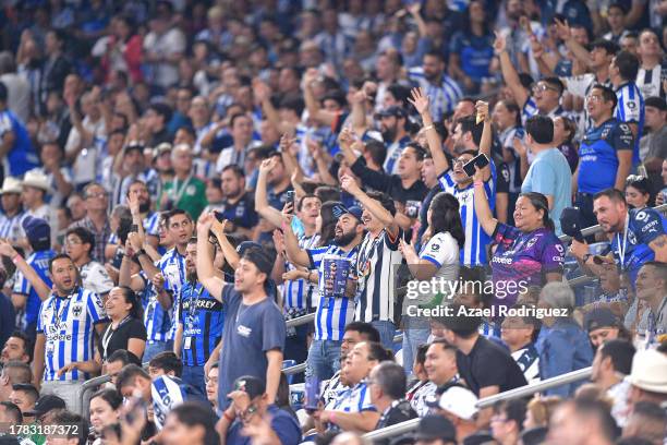 Fans of Monterrey cheer the team during the 10th round match between Monterrey and Santos Laguna as part of the Torneo Apertura 2023 Liga MX at BBVA...