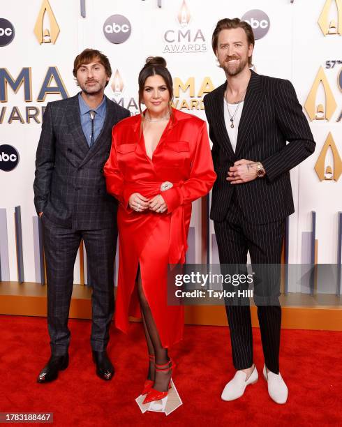 Dave Haywood, Hillary Scott, and Charles Kelley attend the 2023 CMA Awards at Bridgestone Arena on November 08, 2023 in Nashville, Tennessee.