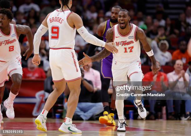 Tari Eason of the Houston Rockets reacts to a basket against the Los Angeles Lakers during the first half at Toyota Center on November 08, 2023 in...