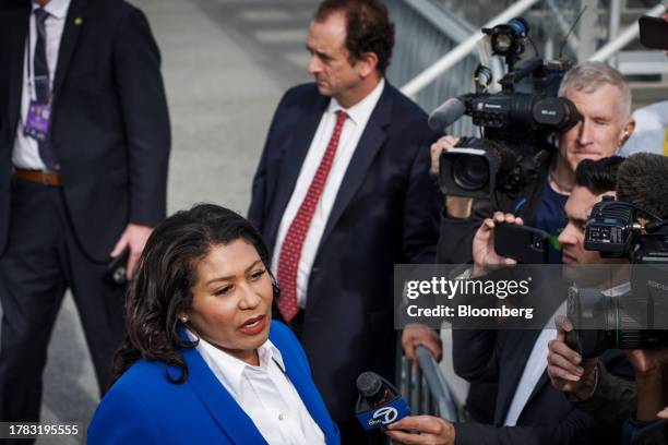 London Breed, mayor of San Francisco, speaks with members of the media while awaiting the arrival of US President Joe Biden at San Francisco...