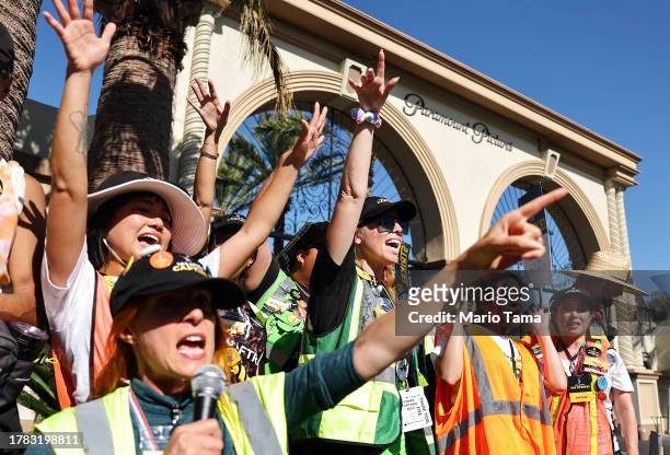 Members chant outside Paramount Studios on day 118 of their strike against the Hollywood studios on November 8, 2023 in Los Angeles, California. A...