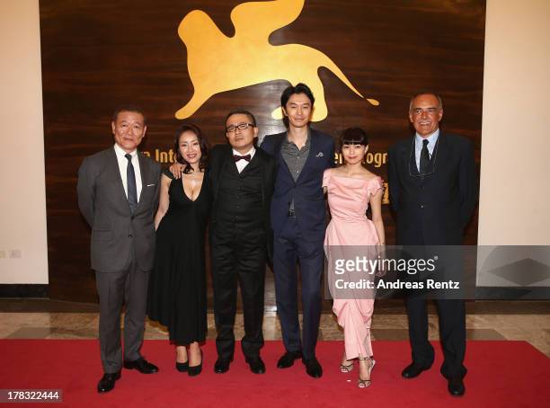 Actors Jun Kunimura, Megumi Kagurazaka, director Sion Sono, actors Hiroki Hasegawa, Fumi Nikaido and Venice Film Festival Director Alberto Barbera...