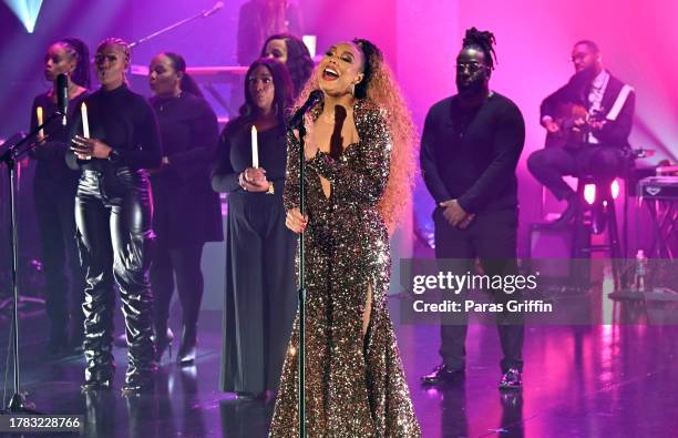 Singer Tamar Braxton performs onstage during 2023 ESSENCE Holiday Special at Riverside EpiCenter on November 08, 2023 in Austell, Georgia.