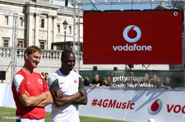 Ex Arsenal legend Tony Adams and Ex Tottenham Hostspur legend Ledley King during the Vodafone 4G Goes Live Launch at Trafalgar Sqaure on August 29,...