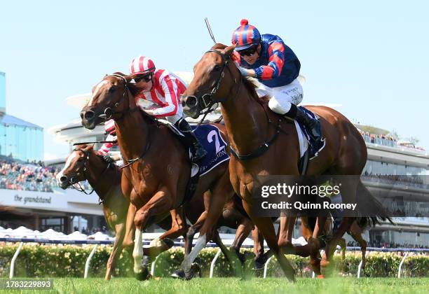 Blake Shinn riding Picaroon wins the Melbourne Cup Carnival Country Final during Oaks Day at Flemington Racecourse on November 09, 2023 in Melbourne,...