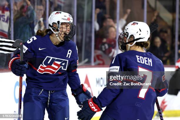 Alex Carpenter of Team USA celebrates a goal with Lacey Eden of Team USA during the third period against Team Canada at Mullett Arena on November 08,...