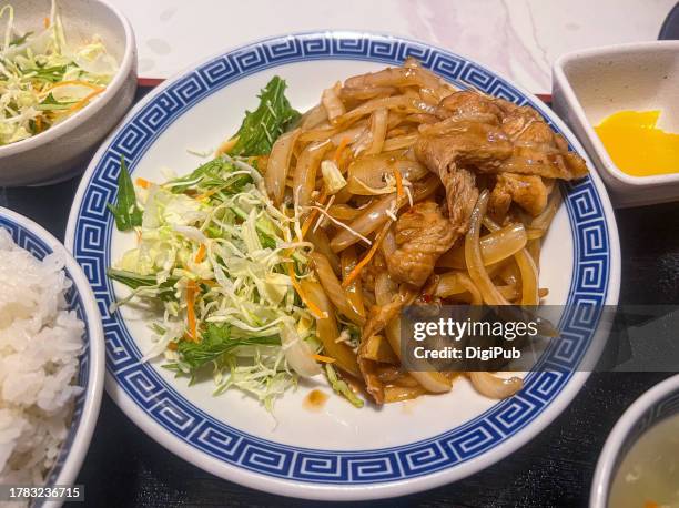 shogayaki (ginger-fried pork) teishoku - takuan stock pictures, royalty-free photos & images