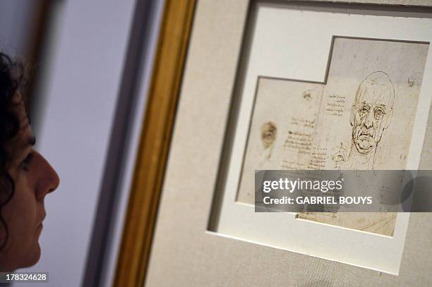 Woman looks at a drawing by Leonardo da Vinci, on August 29, 2013 in Venice. Fifty-two drawings by Renaissance genius Leonardo da Vinci are going on...