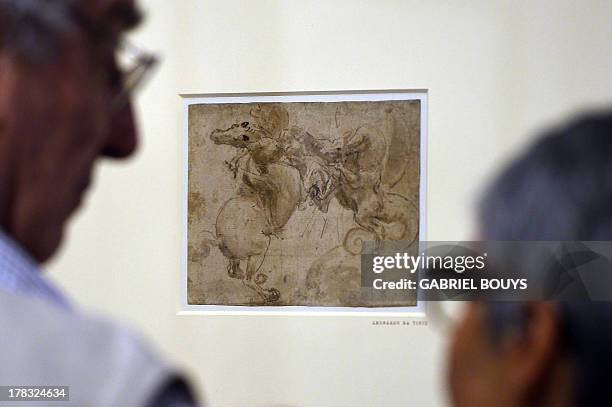 People look at a drawing by Leonardo da Vinci, on August 29, 2013 in Venice. Fifty-two drawings by Renaissance genius Leonardo da Vinci are going on...