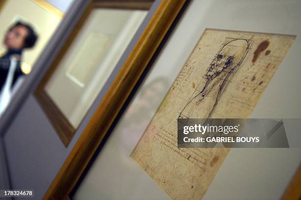 Picture shows drawings by Leonardo da Vinci, on August 29, 2013 in Venice. Fifty-two drawings by Renaissance genius Leonardo da Vinci are going on...