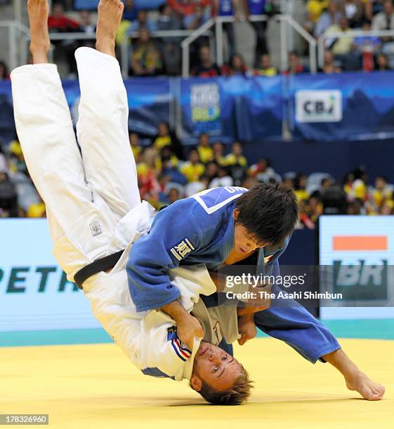 Shohei Ono of Japan and Ugo Legrand of France compete in the Men's 73kg Final during day three of the World Judo Championships at the Maracanazinho...