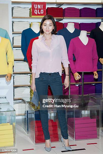 South Korean model Jang Yoon-Ju attends during the "Uniqlo" 2013 F/W Silk/Cashmere Project press event at Gangnam Uniqlo Store on August 29, 2013 in...